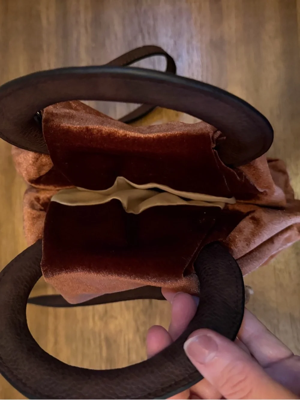 Velvet Ring Handle Crossbody Bag Brown w/ Leather Strap